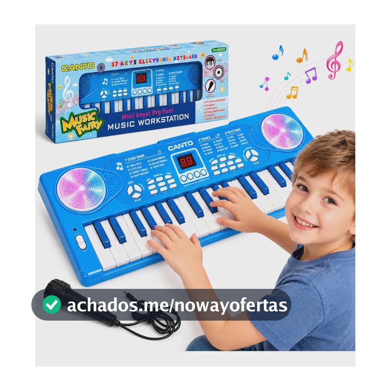 Teclado Infantil Microfone Fonte Elétrico Musical Piano Azul Azul 5v