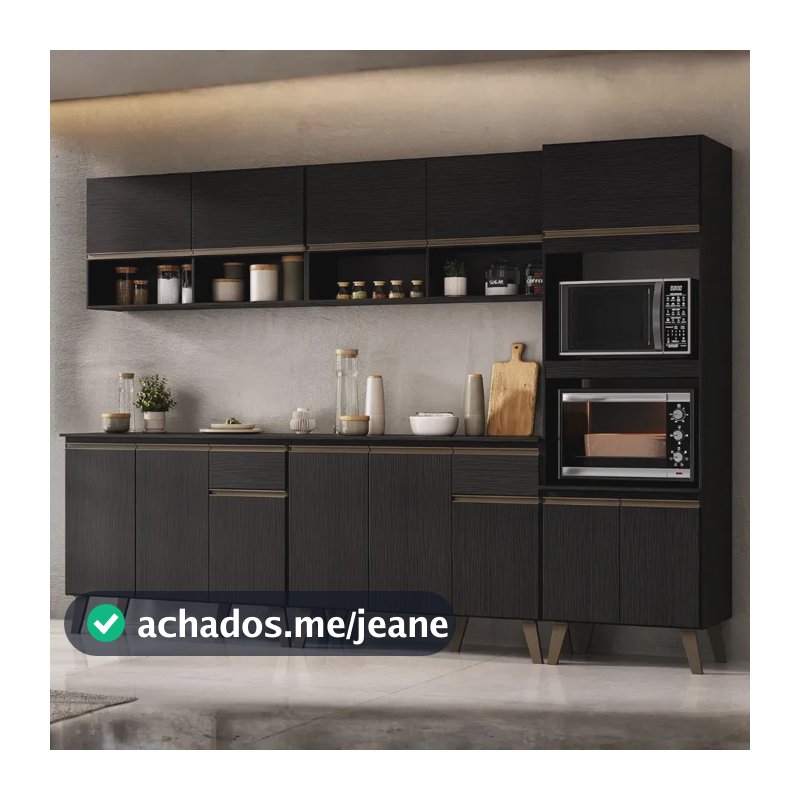 Armário De Cozinha Completa Modulada 270cm Com Armário E Balcão Atlanta Total Carraro Preto Touch