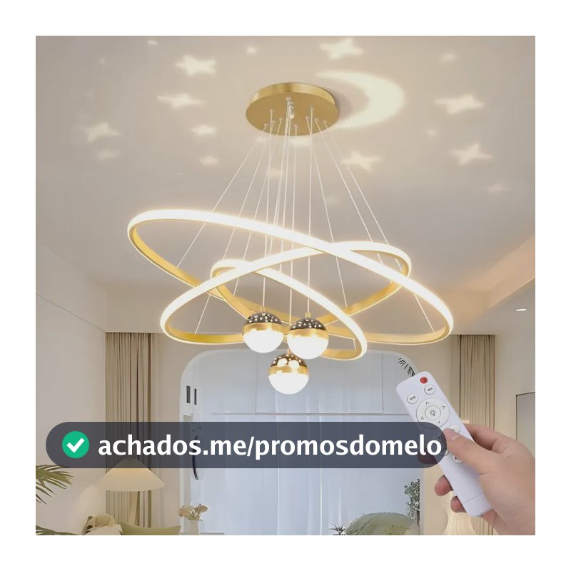 Lustre Quarto Led Moderno Pendente Com Projeção De Galáxia 110v-220v Dourado (com Controle Remoto)