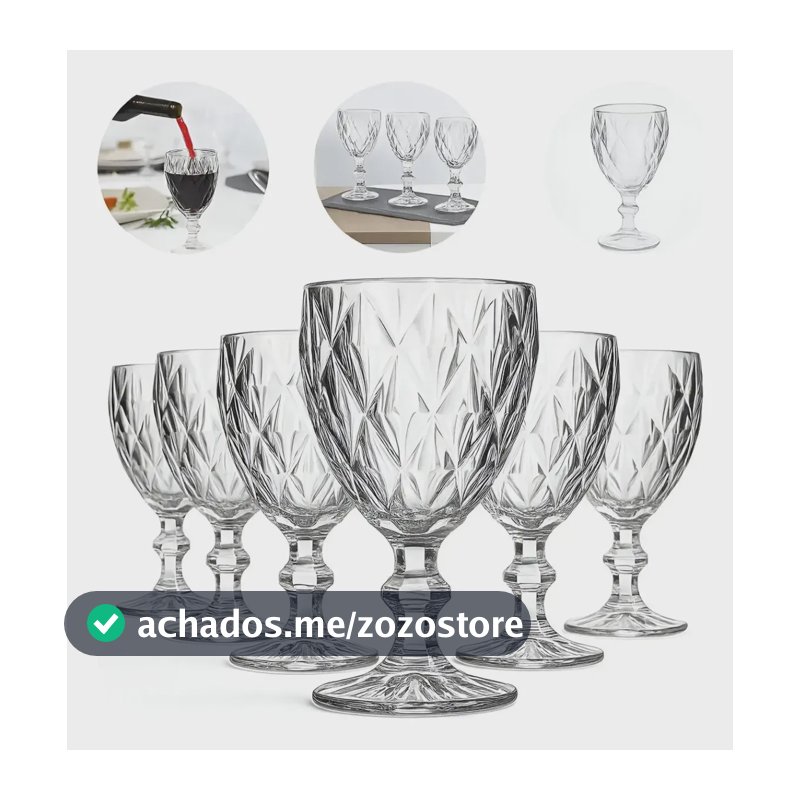 Kit 6un Taça Diamante Lapidada 340ml Para Vinho E Drink Transparente