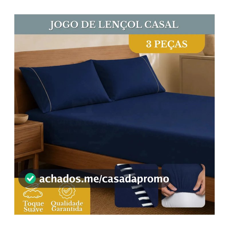 Jogo de Lençol Casal 3 Peças 400 Fios Micropercal Azul-marinho Elástico