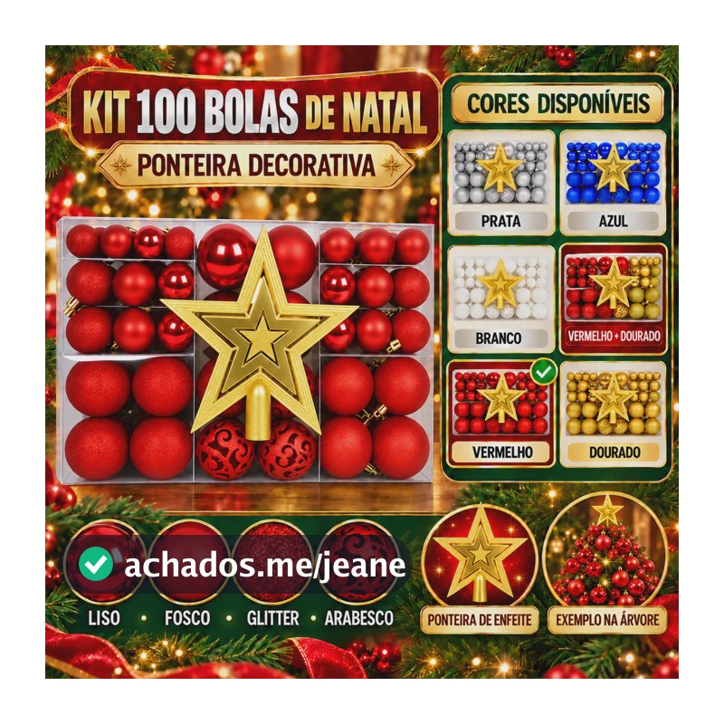 Kit 100 Bolas Natal Lisas/foscas/glitter C/ Ponteira Enfeite Vermelho