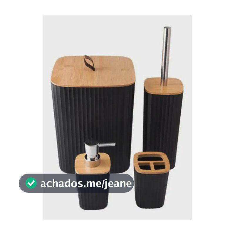 Kit Banheiro Preto 4 Peças Acessórios para Banheiro e Lavabo com Lixeira com Tampa Dispenser de Sabonete Líquido Porta Escova de Dentes e Escova Sanitária Plástico e Bambu Shokki