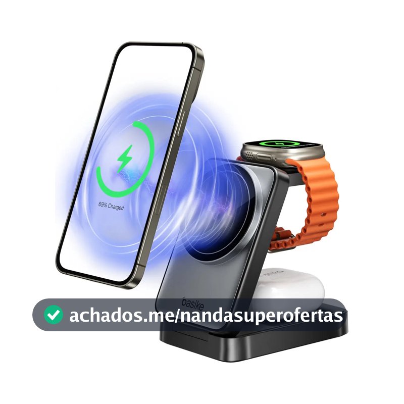 Carregador Sem Fio 3 em 1 de 15W para Celular, Smartwatch e Fones - Preto