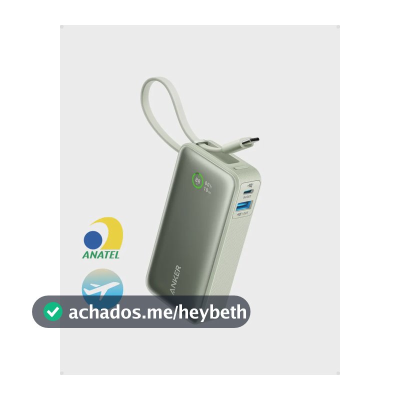 Carregador Portátil Power Bank Anker Nano 10000mAh 30W Turbo Com Cabo USB-C Embutido e Tela Digital Leve e Com Verde
