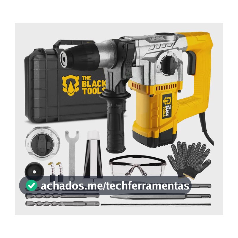 Martelo Martelete Rompedor Elétrico Concreto Com Brocas Talhadeira Ponteira Óculos Luva Cor Amarelo The Black Tools