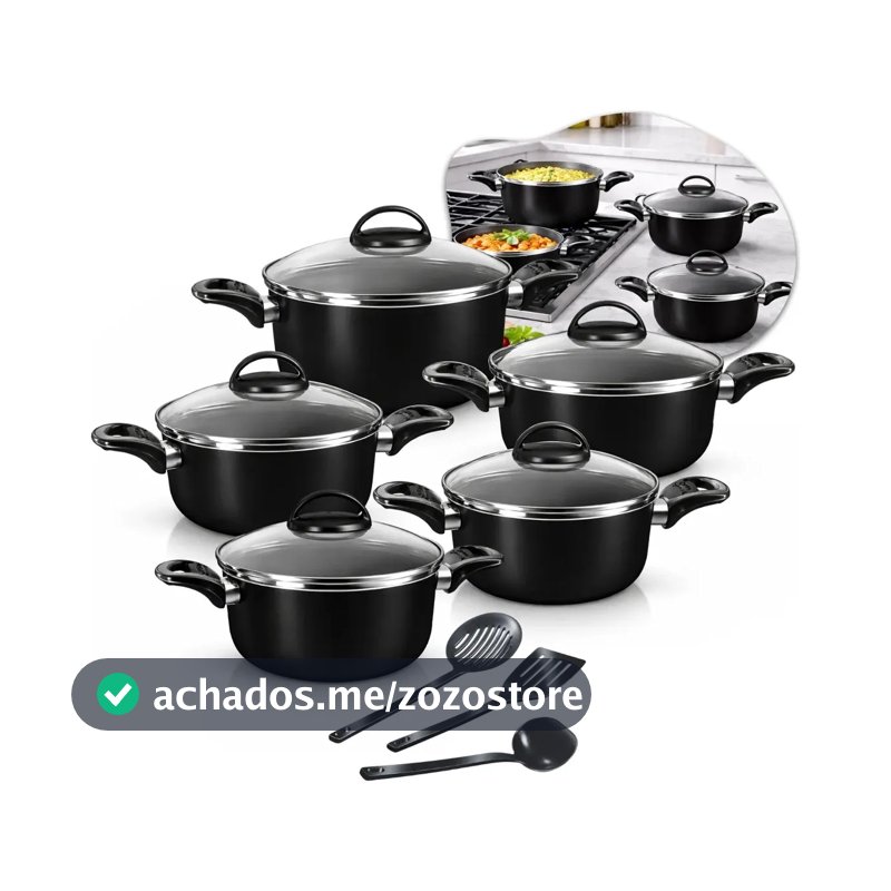 Conjunto De Panelas Caçarolas 5 Peças Antiaderente Com 3 Utensilios E Tampa De Vidro Preto