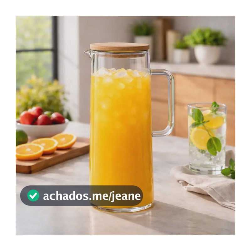 Jarra Luxo Vidro Borossilicato 1,2 L C/ Tampa Bambu Vedação Hermética Sucos Água