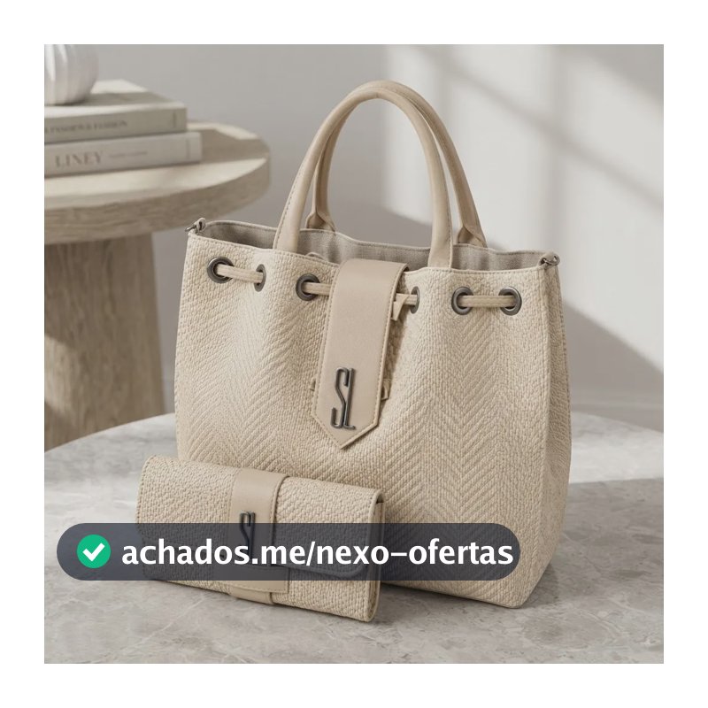 Bolsa Feminina Tote Grande Espaçosa De Ombro + Carteira Sl | Bege Claro Textura Tramada Ouro