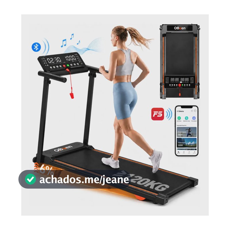 Esteira Elétrica Dobrável QBuen para Casa e Apartamento, 2.5HP, 12km/h, Suporta 120kg, Bluetooth, App, Tela LED e Bivolt, Inclinação Manual 6°, Monitor Cardíaco