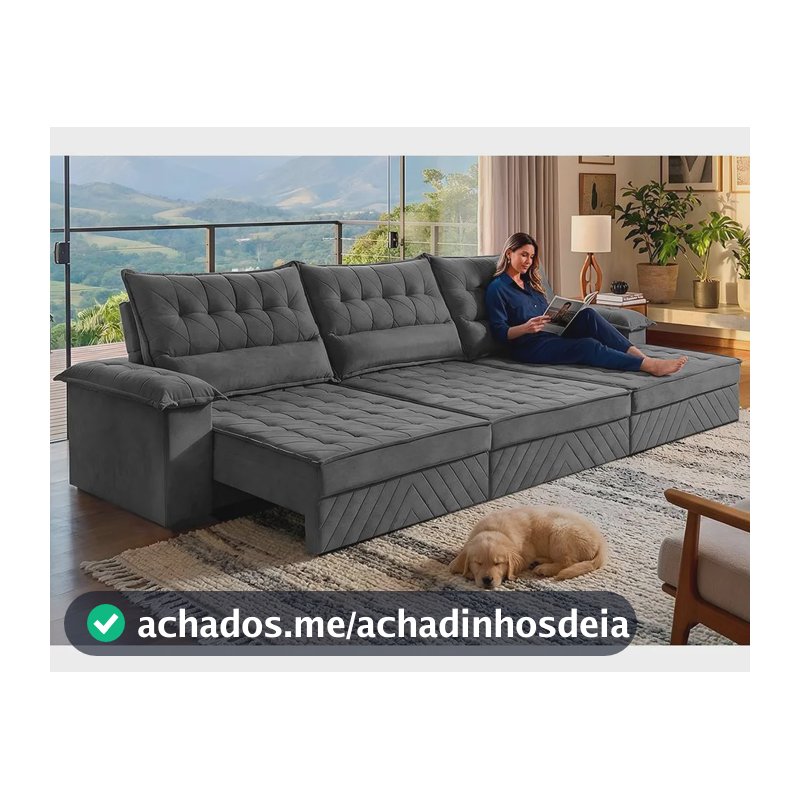 Sofá Retrátil 3,60m Molas E Espuma D33 Thunder. Cama Inbox Cinza Liso