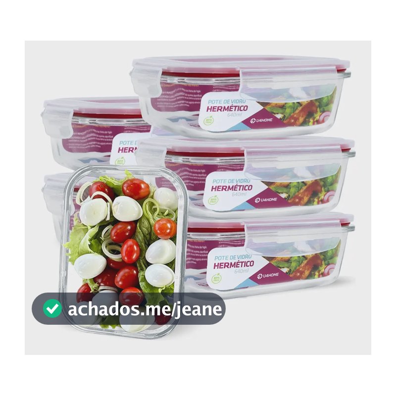 Conjunto 6 Potes Vidro Hermético Retangular 640ml Marmita Micro-ondas Vermelho Nabox