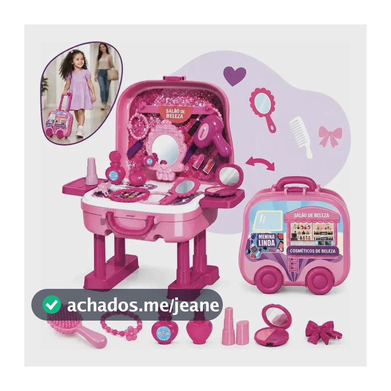 Maleta Penteadeira Infantil Brinquedo 2 em 1 Com Rodinhas 31 Peças Espelho Secador Esmaltes Salão de Beleza Faz de Conta Menina Kizumba