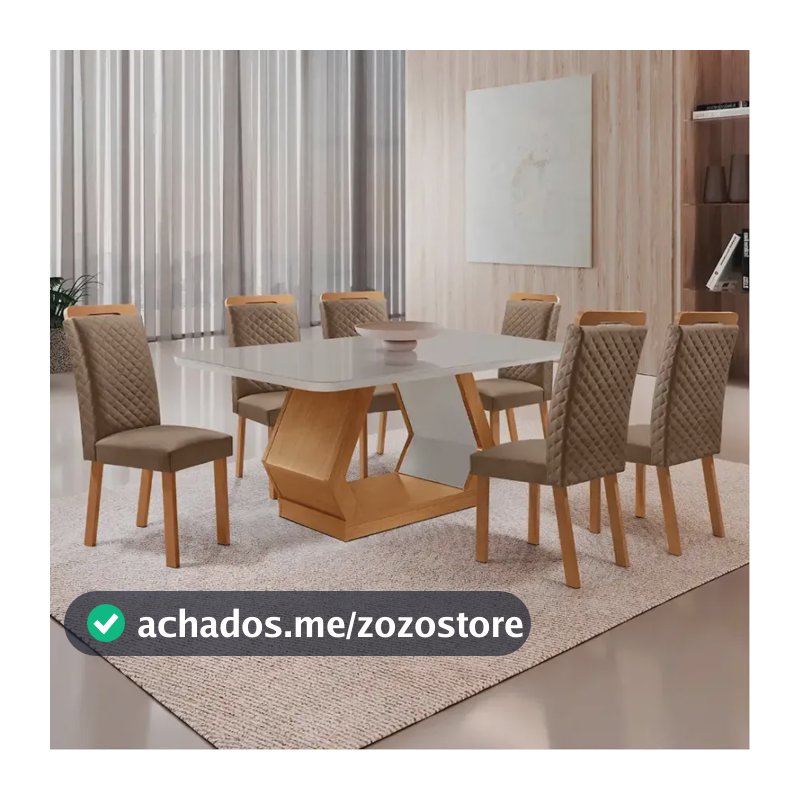 Mesa Jantar Alvorada 180cm Mdf Vidro Copo 6 Cadeiras Lorena Veludo Capuccino/nat/off/serig. Off