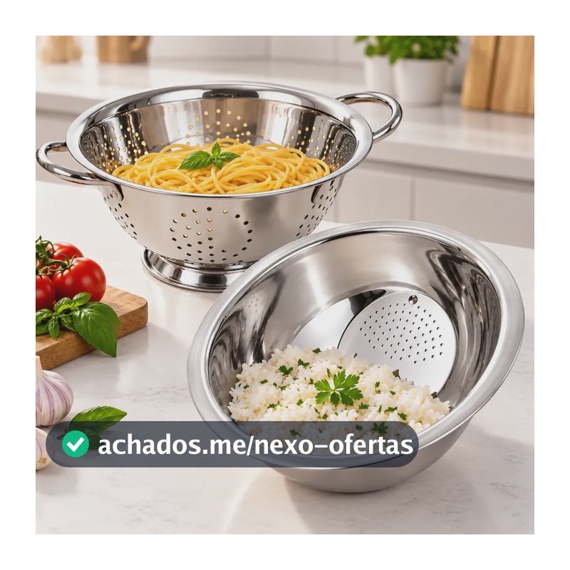 Kit Cozinha Escorredor De Massa 24cm + Lava Arroz 20cm Inox Aço Inox