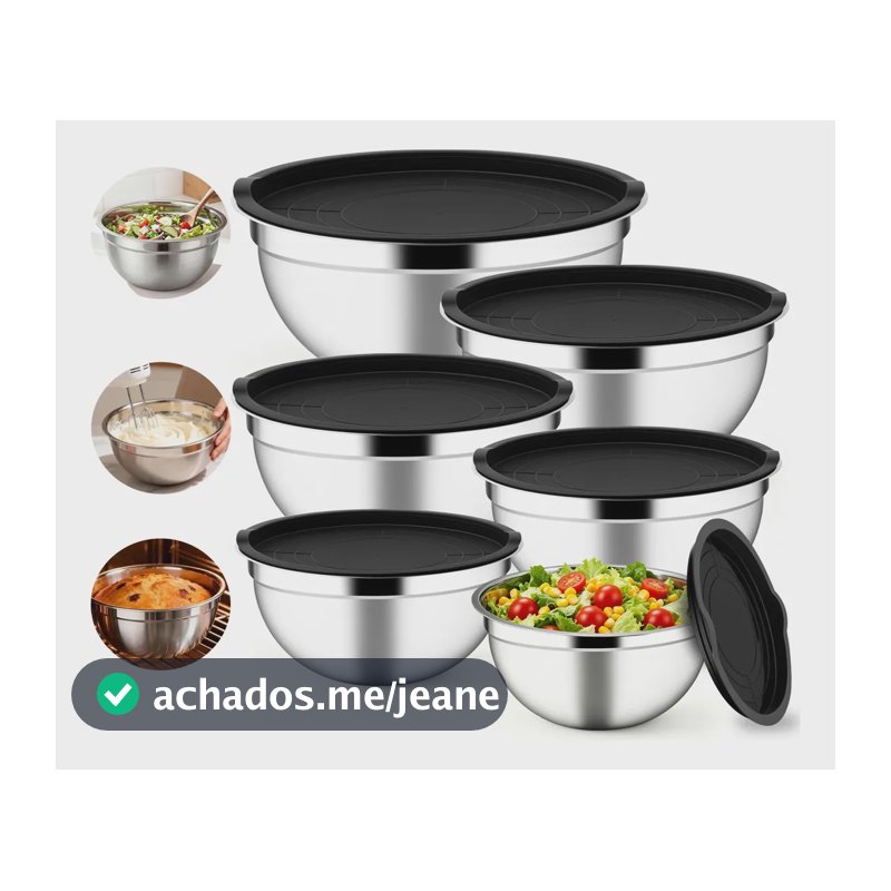 Kit 5 Tigelas Bowls Inox Com Tampas Plásticas Para Cozinha Inox