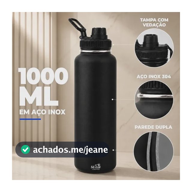 1000ml Garrafa Térmica Isolada A Vácuo Squeeze Aço Inox 304 para Água Gelada Esporte Academia com Alça e Bico Preto Sólar