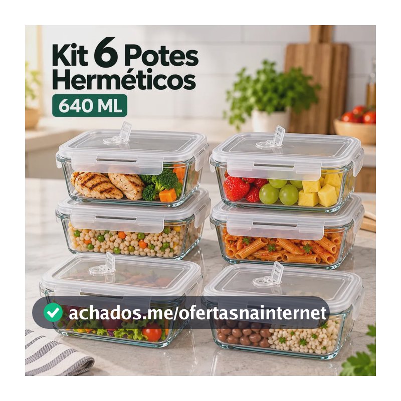 Kit 6 Potes de Vidro Herméticos Borossilicato Com Tampa e Válvula De Respiração 640 ML Para Alimentos Marmita Freezer Microondas Forno Cozinha Organização Livre De BPA Com 4 Travas Super Vedação