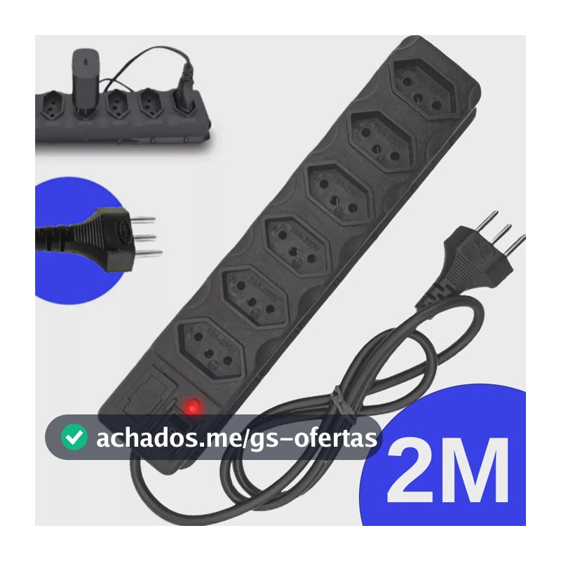 Régua Extensão Elétrica 6 Tomadas Filtro Linha 10a Cabo 2 Metros