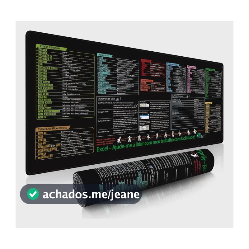 Mouse Pad Grande Com Atalhos Do Excel Para Escritório Preto