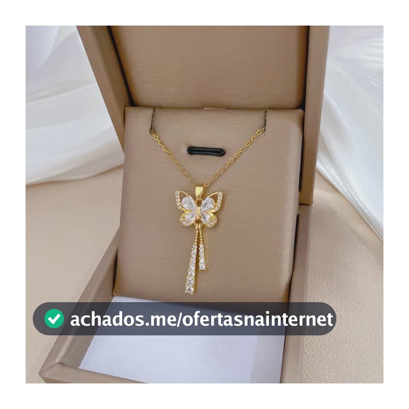 Colar Feminino Inox Borboleta Zircônias Banhado A Ouro 18k Dourado