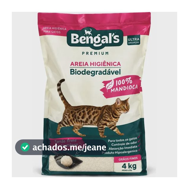 Areia Higiênica Biodegradável Gato Mandioca Fina Bengals 4kg