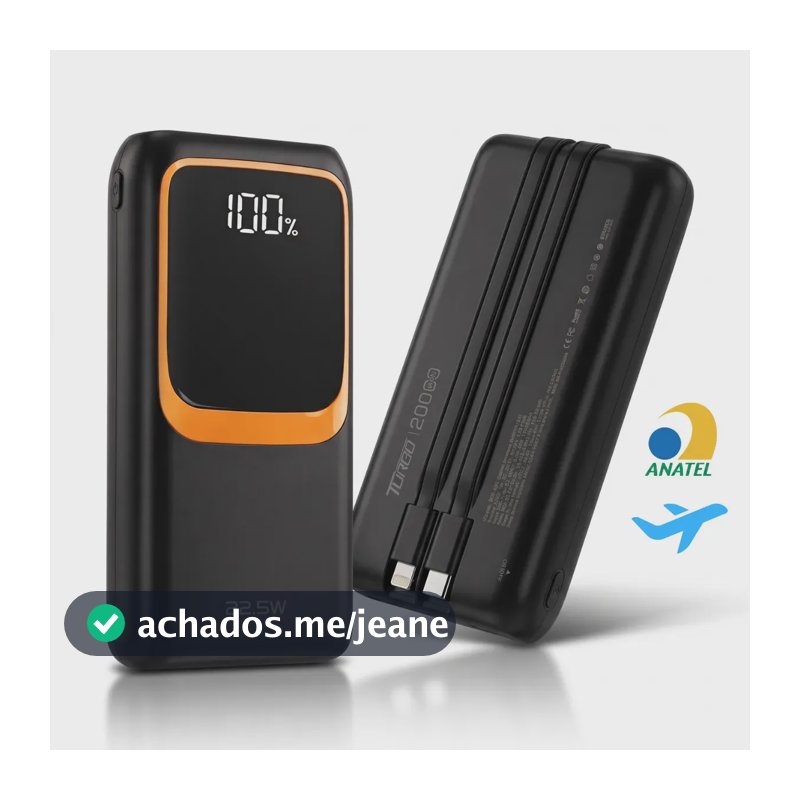 Carregador Portátil 20000mah Turbo 22.5w Power Bank Rápido Universal Com Cabos Integrados Tipo C E Ios Para Celular Samsung iPhone Xiaomi Motorola Smartwatch Tablet Voo Transporte Aéreo Preto