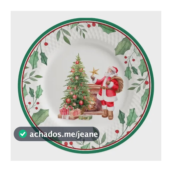 Prato Sobremesa Natal Azevinho Papai Noel Alleanza 6 Un. Verde/ Vermelho Estampa Natal - Natalina Azevinho