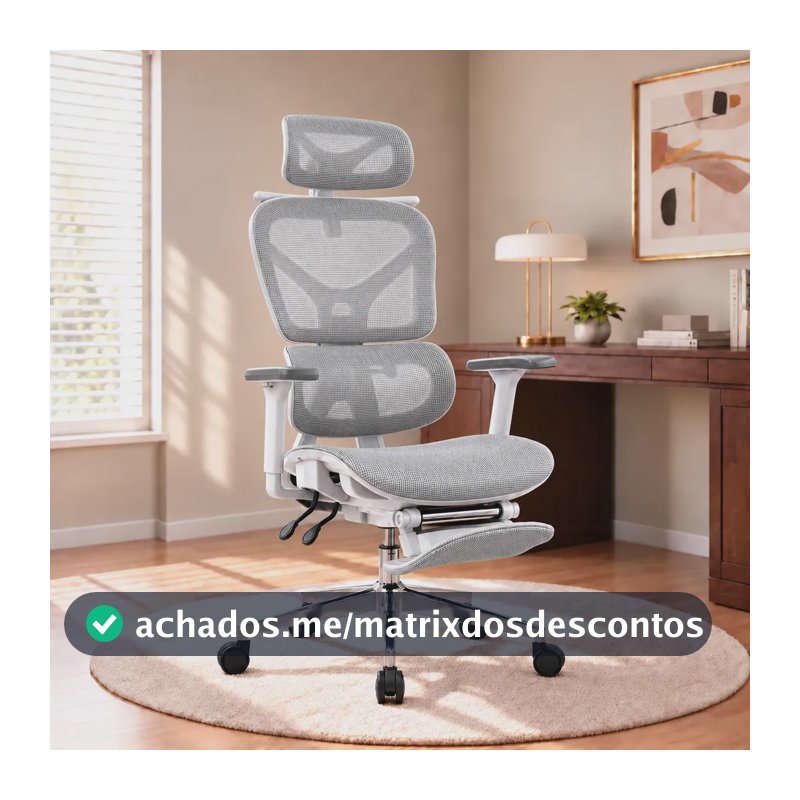 Cadeira de Escritório Presidente Sweet Studio Ergonômica Cinza Com Apoio Lombar e Para Pés