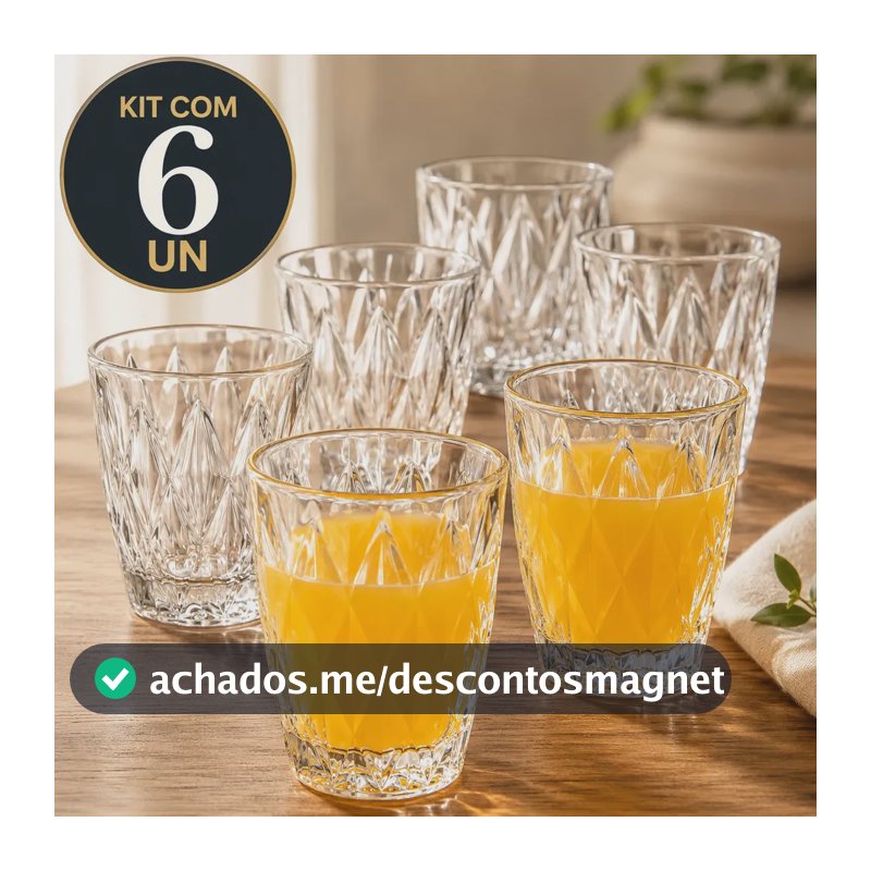 Jogo 6 Copos 300ML Grande Vidro Grosso Diamond Resistente Transparente Kit para Drink Água Suco Restaurante Diamante Sólar