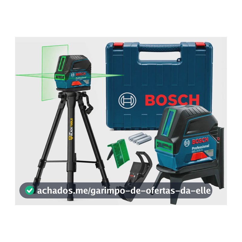 Kit Nível A Laser Verde (linhas) e vermelho (pontos de prumo) Cruzado 2 Linhas GCL 2-15 G Bosch + Tripé Suporte 1,20m Profissional Rosca 5/8 The Black Tools