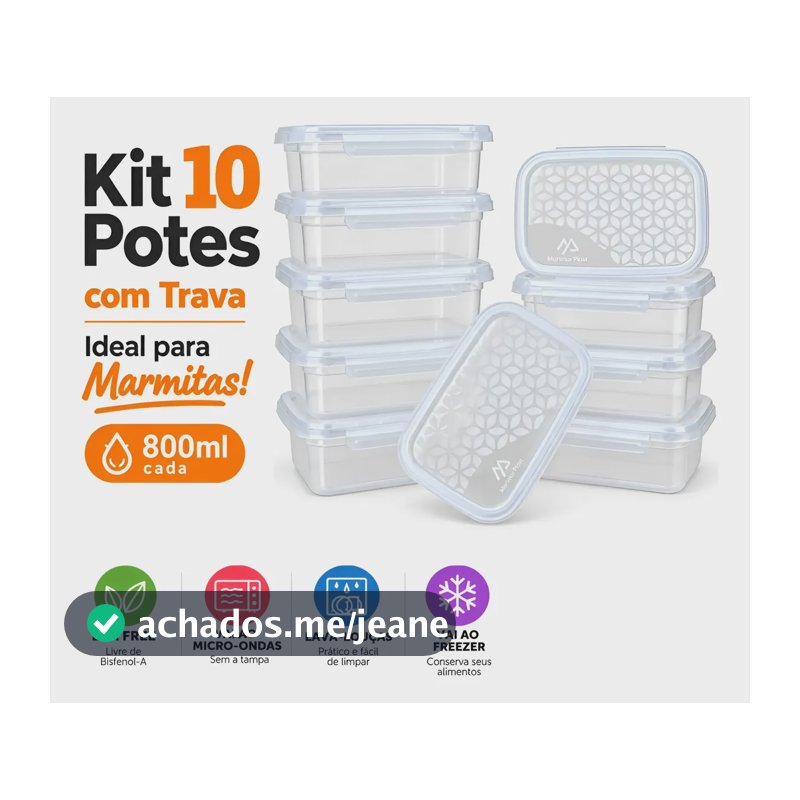 10 Potes Plásticos 800ml Com Tampa Para Marmita Quentinha Mi Retangular Transparente