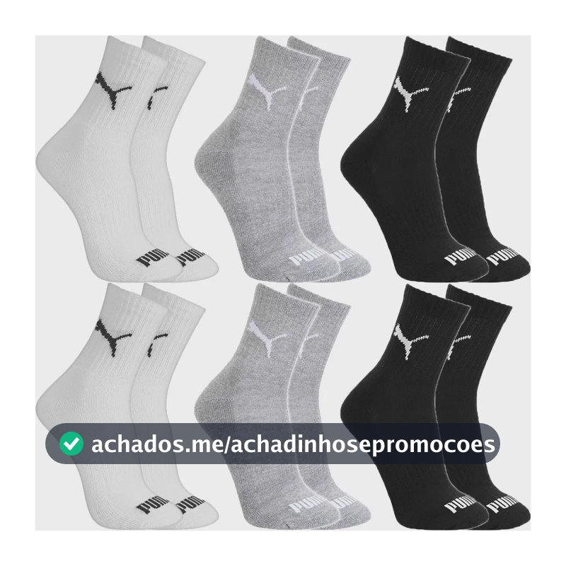 Kit 6 Pares Meias Puma Algodão Cano Médio Alto Atoalhado 2 Pretas, 2 Cinzas E 2 Brancas G - 39 A 43
