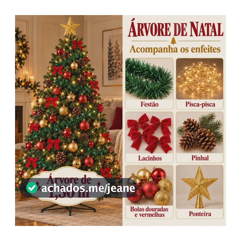 Árvore de Natal 1,50m Decorada Completa com 87 Enfeites Bolas Douradas Vermelhas Pisca Branco Quente Ponteira Festão Pé de Ferro