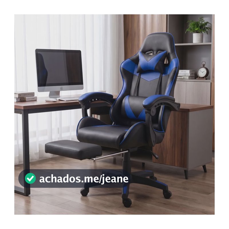 Cadeira Gamer Jogos Setup Profissional Ergonômica Reclinavel Azul Couro Sintético