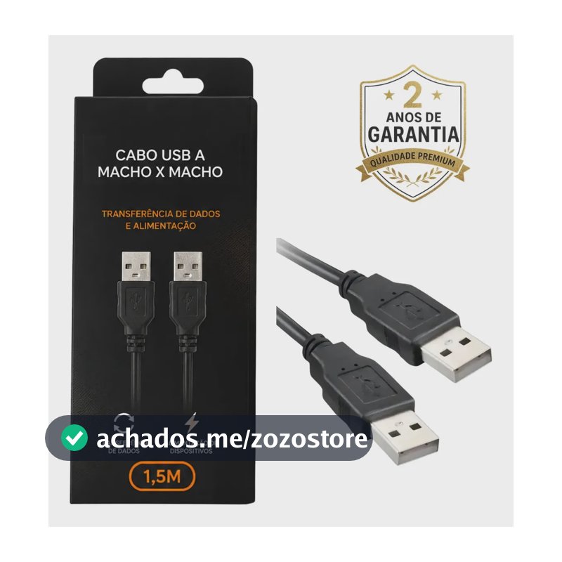 Cabo USB Tipo A Macho x Macho 1,5 Metros Para Transmissão de Dados Equipamentos Eletrônicos Conexão Entre PC Notebook Hub Preto RR88