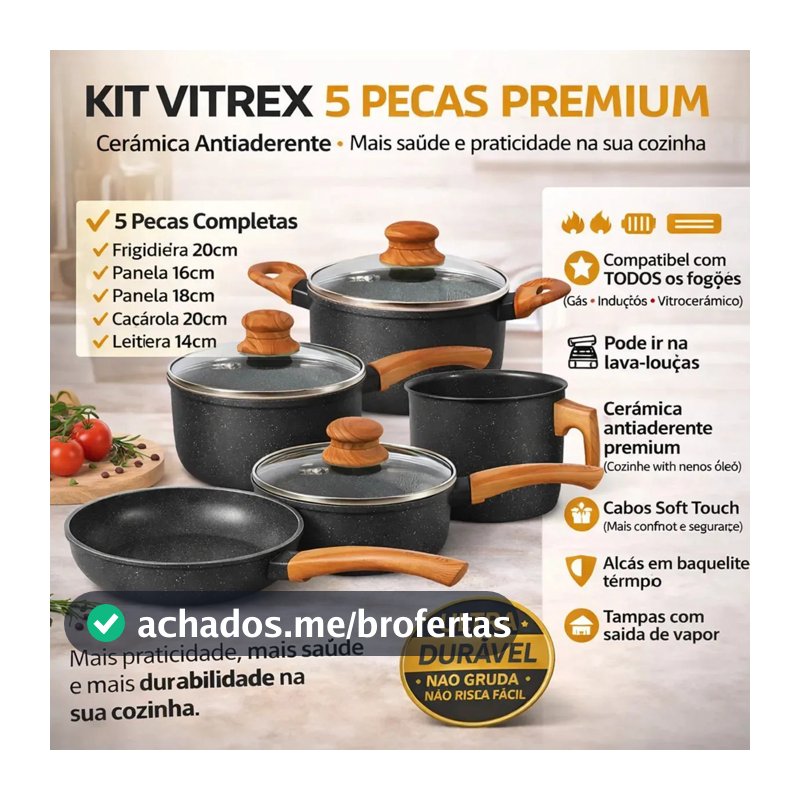Jogo De Panelas Cerâmico Triplo Indução Vitrex Ecoglid 5 Peças Cor Preto Granito