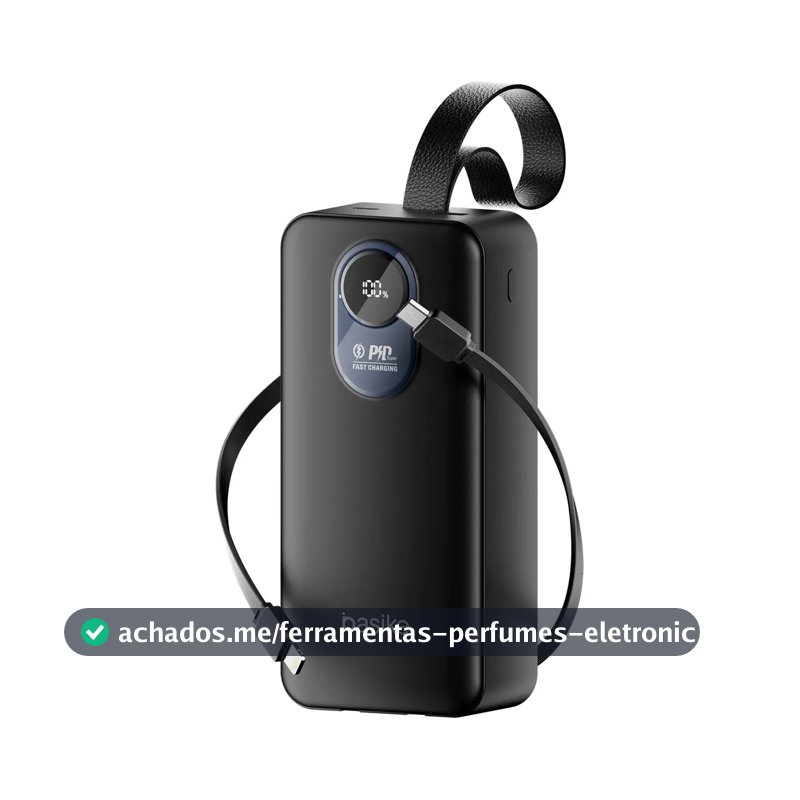 Power Bank Basike 30.000mAh Portátil, Carregamento Rápido 22.5W, com Cabos Embutidos e Display LED para iPhone e Samsung
