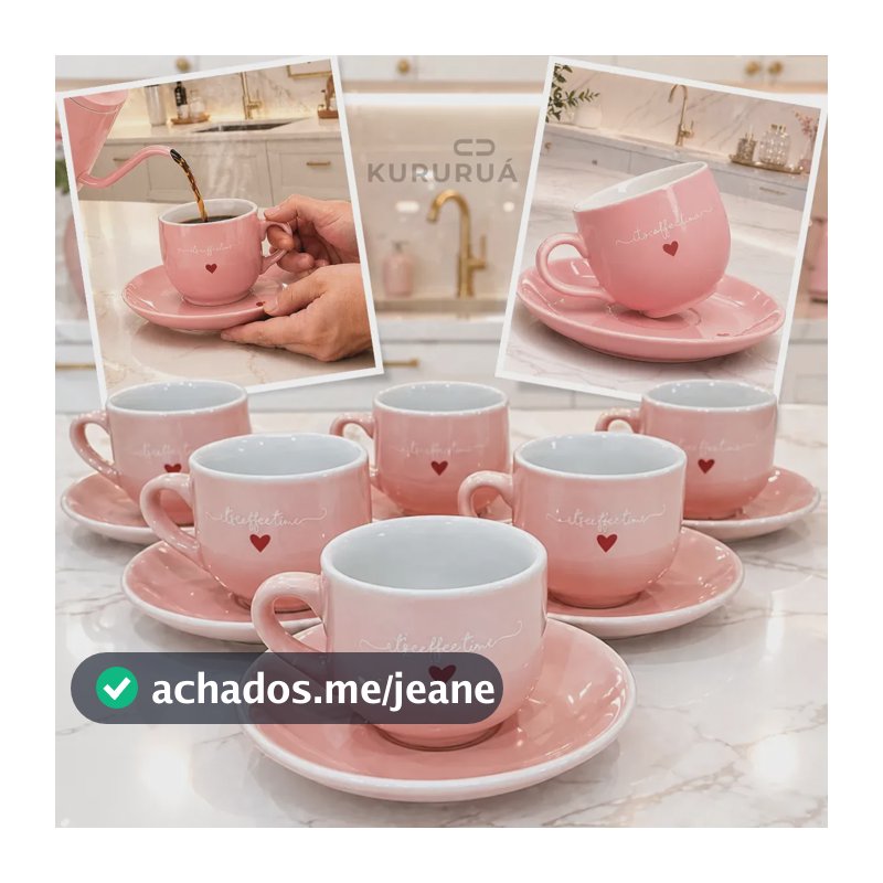 Jogo 6 Xícaras Café Porcelana Rosa 90ml Com Pires Rose Conjunto Marca Kururuá