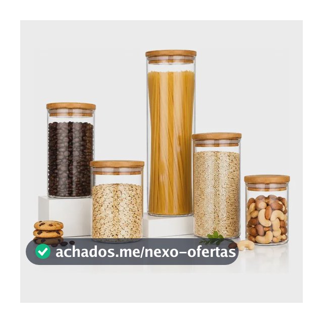Kit 5 Potes Mantimentos Vidro Herméticos Com Tampa Bambu Alta Resistência Epsilon