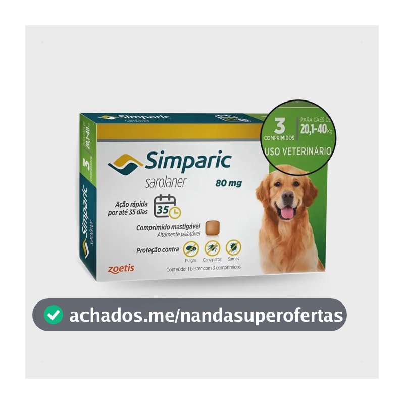 Antipulgas Para Cães Simparic 80mg 20 A 40kg 3 Comprimidos