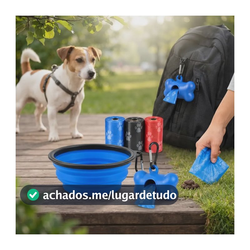Kit Pet Cachorro Tigela Retrátil + Porta Saquinhos +15 Refil Sortidos