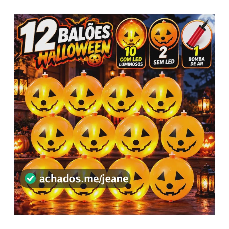 JogoJunto Kit 12 Balões Halloween Abóbora Fantasma 25cm 10 Com LED Luminosos 2 Sem LED Bexigas Laranja Com Bomba de Ar Decoração Festa Dia das Bruxas