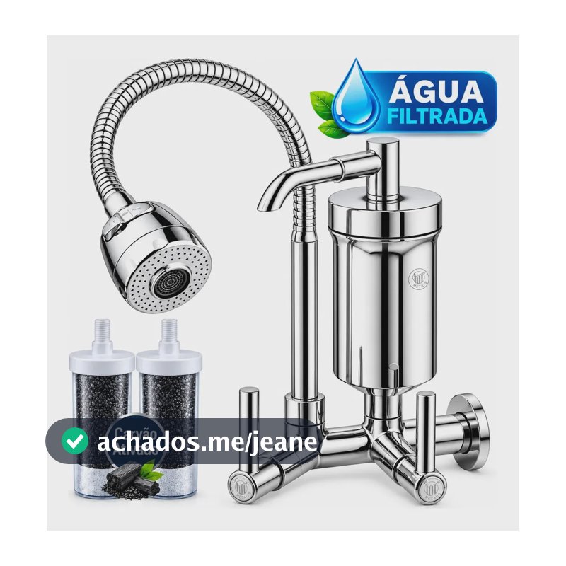 Torneira Cozinha com Filtro Gourmet Tubo Flexível Chuveirinho 2 Jatos Carvão Ativado Parede