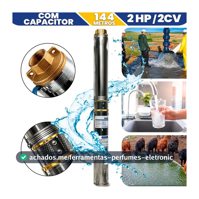Bomba Submersa Caneta Palito 2cv 2hp Monofásico Poço Artesiano 144 Altura Cisterna Submersível Aço 3200lh Sítio Chácara Fazenda Rancho