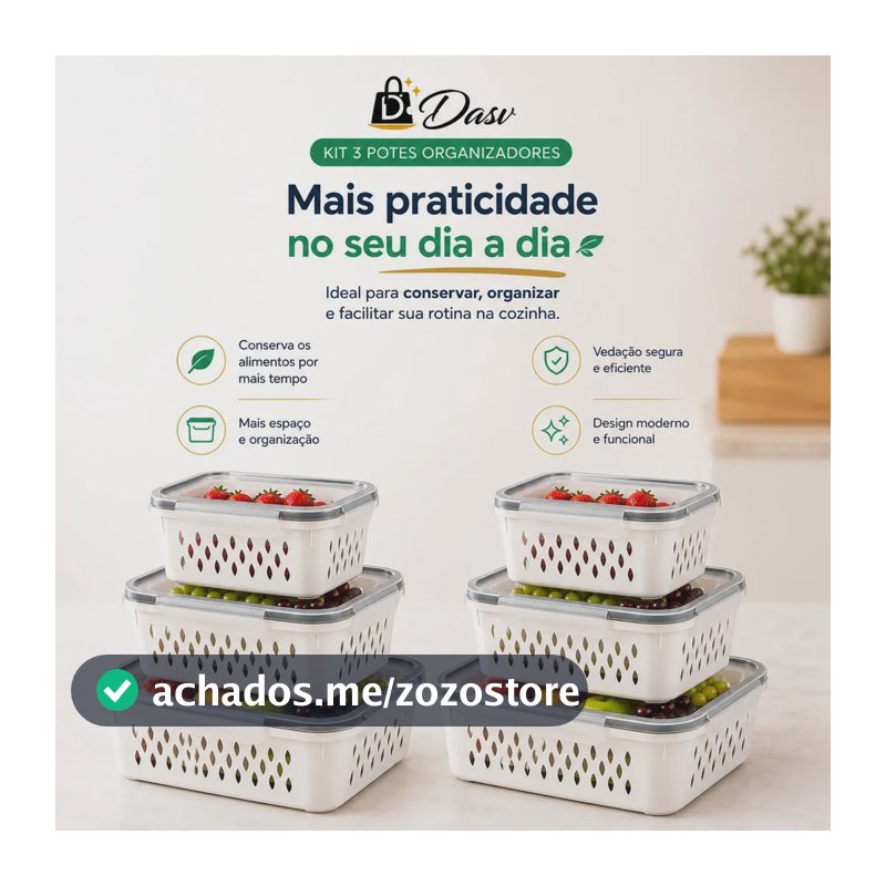 Conjunto Kit 6 Organizadores Geladeira Transparente Hermético Escorredor Cesto Frutas Alimentos Verduras Legumes Dasv