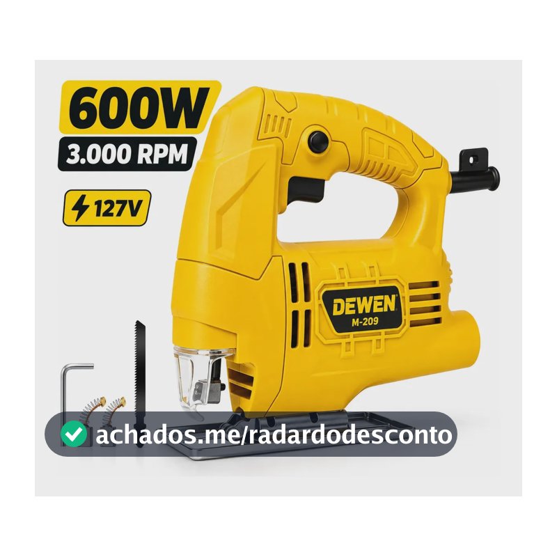 Serra Tico Tico Dewen 600W 3000rpm Velocidade Variável Base Ajustável 45° para Madeira Metal Alumínio com Lâmina Chave Allen e Escovas