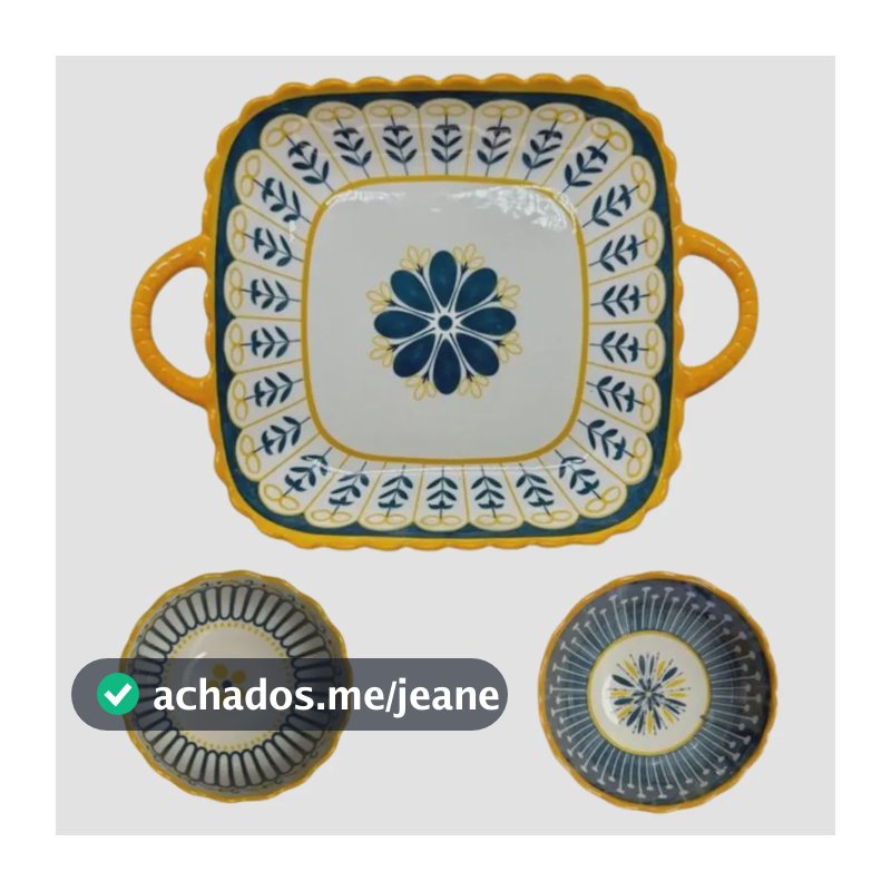 Kit Travessa Quadrada + 2 Bowl Porcelana Decorada Mesa Posta Azul E Amarelo