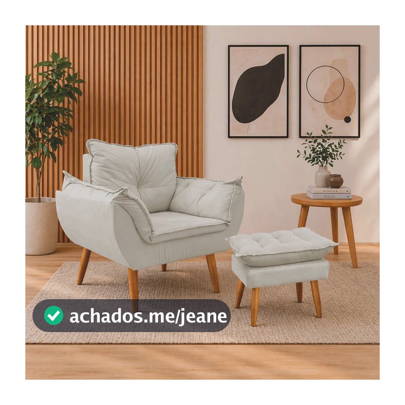 Kit Poltrona E Puff Pés Palito Sala Estar Amamentação Suede Bege