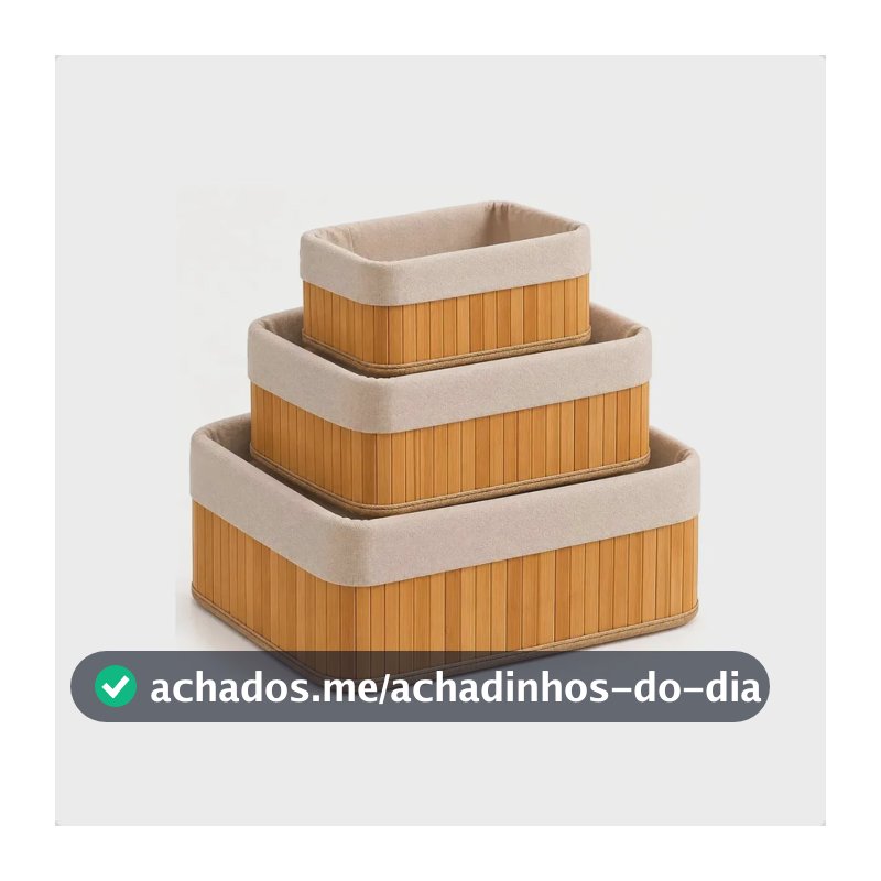 Kit 3 Cestos Organizadores de Bambu Retangulares com Forro para Casa e Banheiro